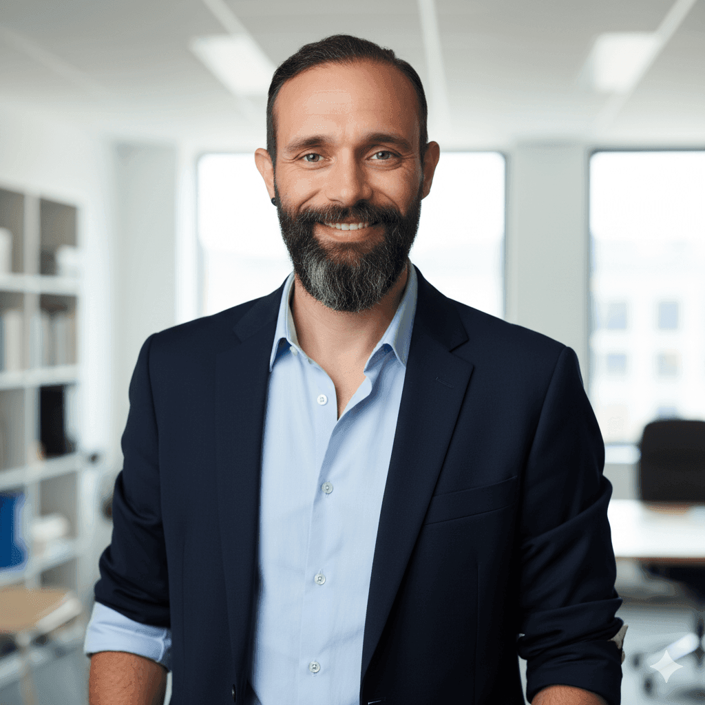 Smiling man with a beard wearing a suit in a modern office setting.